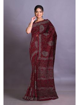 Unnati Silks - Dark Maroon Pure Napthol Hand Block Painted Soft Cotton Saree with Unstitched Blouse