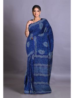 Unnati Silks - Navy Blue Pure Napthol Hand Block Painted Soft Cotton Saree with Unstitched Blouse