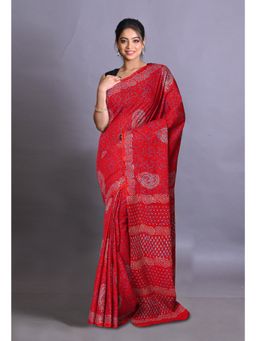 Unnati Silks - Red Pure Napthol Hand Block Painted Soft Cotton Saree with Unstitched Blouse