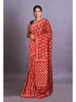 Unnati Silks - Red Pure Napthol Hand Block Painted Soft Cotton Saree with Unstitched Blouse