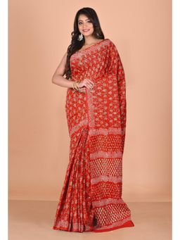 Unnati Silks - Red Pure Napthol Hand Block Painted Soft Cotton Saree with Unstitched Blouse