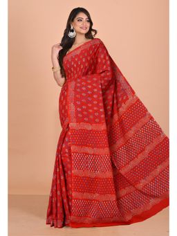 Unnati Silks - Red Pure Napthol Hand Block Painted Soft Cotton Saree with Unstitched Blouse