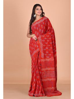 Unnati Silks - Red Pure Napthol Hand Block Painted Soft Cotton Saree with Unstitched Blouse