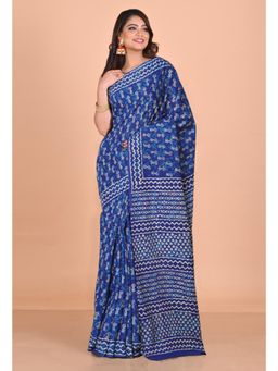 Unnati Silks - Navy Blue Pure Napthol Hand Block Painted Soft Cotton Saree with Unstitched Blouse