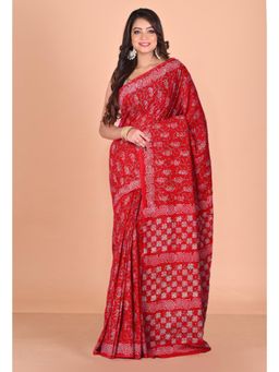 Unnati Silks - Red Pure Napthol Hand Block Painted Soft Cotton Saree with Unstitched Blouse