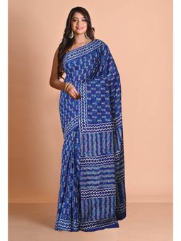 Unnati Silks - Navy Blue Pure Napthol Hand Block Painted Soft Cotton Saree with Unstitched Blouse