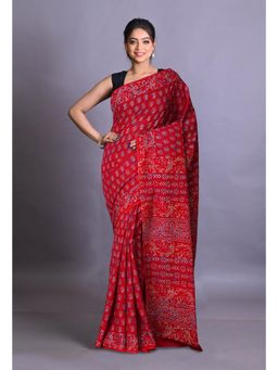 Unnati Silks - Red Pure Napthol Hand Block Painted Soft Cotton Saree with Unstitched Blouse