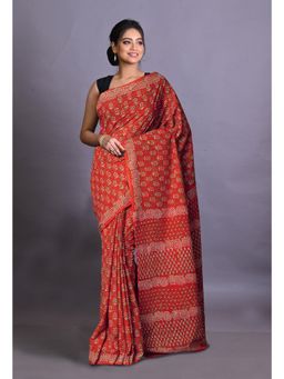 Unnati Silks - Red Pure Napthol Hand Block Painted Soft Cotton Saree with Unstitched Blouse