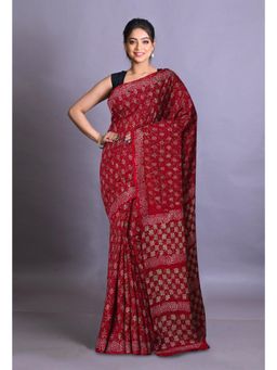 Unnati Silks - Maroon Pure Napthol Hand Block Painted Soft Cotton Saree with Unstitched Blouse