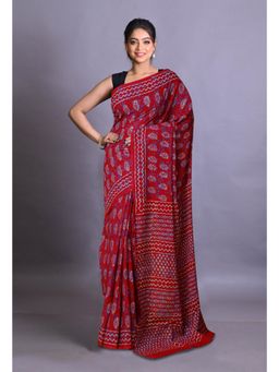 Unnati Silks - Red Pure Napthol Hand Block Painted Soft Cotton Saree with Unstitched Blouse