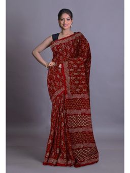 Unnati Silks - Maroon Pure Napthol Hand Block Painted Soft Cotton Saree with Unstitched Blouse