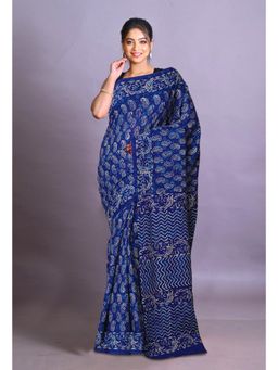 Unnati Silks - Navy Blue Pure Napthol Hand Block Painted Soft Cotton Saree with Unstitched Blouse