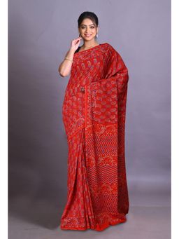 Unnati Silks - Red Pure Napthol Hand Block Painted Soft Cotton Saree with Unstitched Blouse