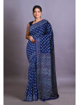 Unnati Silks - Navy Blue Pure Napthol Hand Block Painted Soft Cotton Saree with Unstitched Blouse