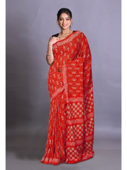 Unnati Silks - Red Pure Napthol Hand Block Painted Soft Cotton Saree with Unstitched Blouse