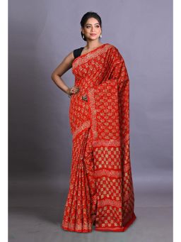 Unnati Silks - Red Pure Napthol Hand Block Painted Soft Cotton Saree with Unstitched Blouse