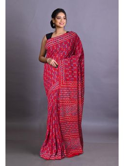 Unnati Silks - Red Pure Napthol Hand Block Painted Soft Cotton Saree with Unstitched Blouse