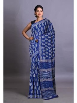 Unnati Silks - Navy Blue Pure Napthol Hand Block Painted Soft Cotton Saree with Unstitched Blouse
