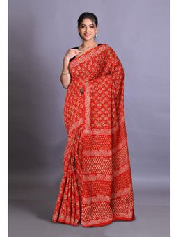 Unnati Silks - Red Pure Napthol Hand Block Painted Soft Cotton Saree with Unstitched Blouse