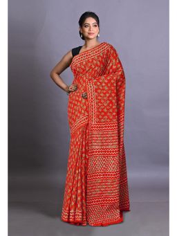 Unnati Silks - Red Pure Napthol Hand Block Painted Soft Cotton Saree with Unstitched Blouse