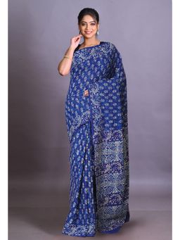 Unnati Silks - Navy Blue Pure Napthol Hand Block Painted Soft Cotton Saree with Unstitched Blouse