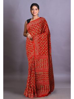 Unnati Silks - Red Pure Napthol Hand Block Painted Soft Cotton Saree with Unstitched Blouse