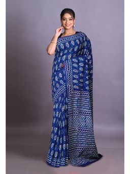 Unnati Silks - Navy Blue Pure Napthol Hand Block Painted Soft Cotton Saree with Unstitched Blouse