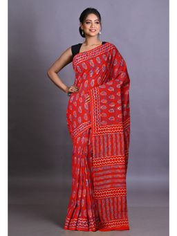 Unnati Silks - Red Pure Napthol Hand Block Painted Soft Cotton Saree with Unstitched Blouse