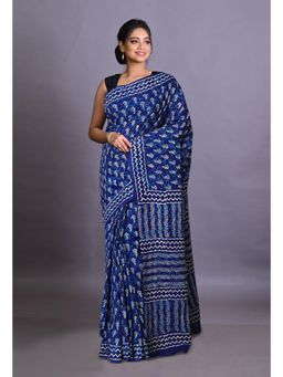 Unnati Silks - Navy Blue Pure Napthol Hand Block Painted Soft Cotton Saree with Unstitched Blouse