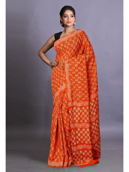 Unnati Silks - Orange Pure Napthol Hand Block Painted Soft Cotton Saree with Unstitched Blouse