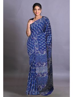 Unnati Silks - Navy Blue Pure Napthol Hand Block Painted Soft Cotton Saree with Unstitched Blouse