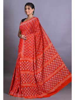 Unnati Silks - Red Pure Napthol Hand Block Painted Soft Cotton Saree with Unstitched Blouse