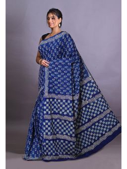 Unnati Silks - Navy Blue Pure Napthol Hand Block Painted Soft Cotton Saree with Unstitched Blouse