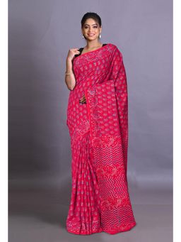 Unnati Silks - Pink Pure Napthol Hand Block Painted Soft Cotton Saree with Unstitched Blouse