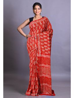 Unnati Silks - Red Pure Napthol Hand Block Painted Soft Cotton Saree with Unstitched Blouse