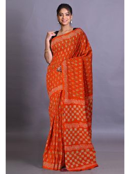 Unnati Silks - Orange Pure Napthol Hand Block Painted Soft Cotton Saree with Unstitched Blouse
