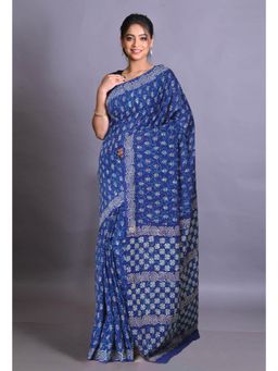 Unnati Silks - Navy Blue Pure Napthol Hand Block Painted Soft Cotton Saree with Unstitched Blouse