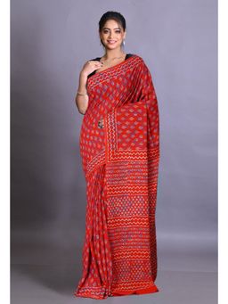 Unnati Silks - Red Pure Napthol Hand Block Painted Soft Cotton Saree with Unstitched Blouse