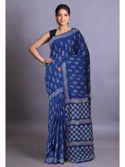 Unnati Silks - Navy Blue Pure Napthol Hand Block Painted Soft Cotton Saree with Unstitched Blouse