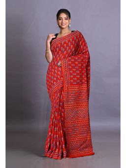 Unnati Silks - Red Pure Napthol Hand Block Painted Soft Cotton Saree with Unstitched Blouse
