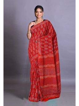 Unnati Silks - Red Pure Napthol Hand Block Painted Soft Cotton Saree with Unstitched Blouse