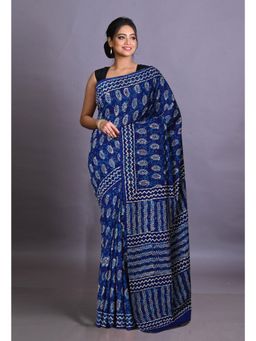 Unnati Silks - Navy Blue Pure Napthol Hand Block Painted Soft Cotton Saree with Unstitched Blouse