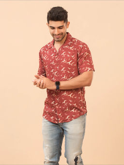 The Bleu Label - Mens Casual Printed Cotton Half Sleeves Collar Neck Shirt