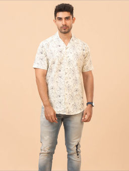 The Bleu Label - Mens Casual Floral Printed Cotton Half Sleeves Collar Neck Shirt