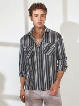 Campus Sutra - Mens Charcoal Grey Multitrack Striped Oversized Shirt