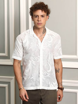 Campus Sutra - Mens Chalk White Patterned Oversized Shirt