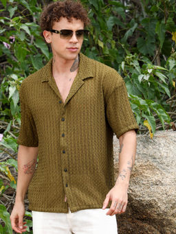 Campus Sutra - Mens Army Green Textured Knit Oversized Shirt