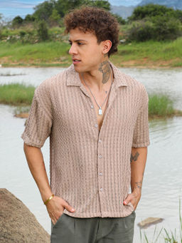 Campus Sutra - Mens Peanut Mauve Textured Knit Oversized Shirt