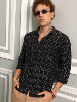 Campus Sutra - Mens Midnight Black Hexagon-Lined Shirt