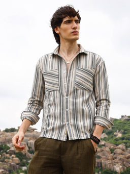 Campus Sutra - Mens Bone Multi-Color Multitrack Striped Oversized Shirt